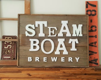 Rustic Sign  |  Wall Art Home Decor  |  STEAMBOAT BREWERY  |  Retro Cottage Kitchen Restaurant Craft Brew for Man Cave