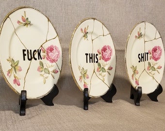 Fuck This Shit Trio No.4 (Kintsugi) - Retro Repurposed Plate - ZeroFucks Plate Collection