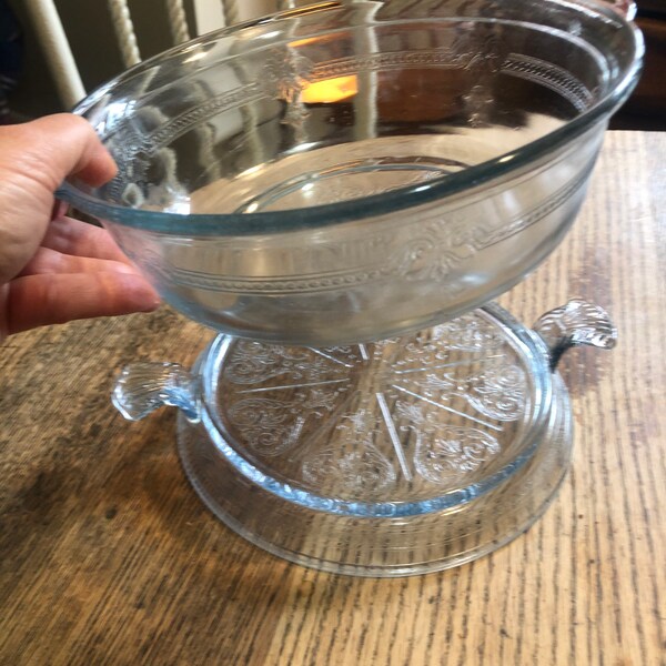 Vintage Blue 2 PC FIRE KING oven casserole dish and Glass Trivet ~ Etched Glass Sapphire / Translucent Blue Glass ~ 1930s