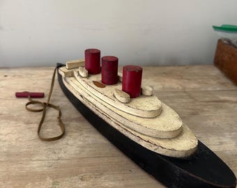 Vintage 1950s Wooden Ship Toy on Wheels – Red, Blue, Rare Collectible