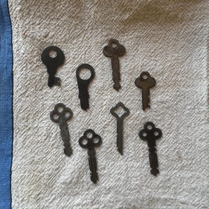 Puede incluir: Una colección de diez llaves antiguas, todas hechas de metal y con diseños variados. Las llaves están dispuestas sobre un fondo de tela blanca.