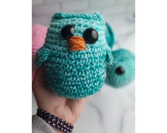 Crochet Blue Owl Amigurumi  - Handmade Soft Stuffed Animal Doll - Woodland Animal Plushie