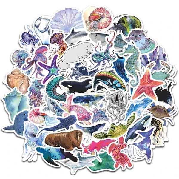 Marine Ocean life, waterproof stickers, sea life stickers, ocean life stickers, laptop stickers, sticker packs, animal stickers
