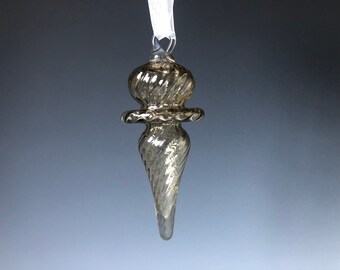 Original Hand-Blown Glass Ornament - Triple Drop shape - Transparent bronze color with swirled optic ridges on surface
