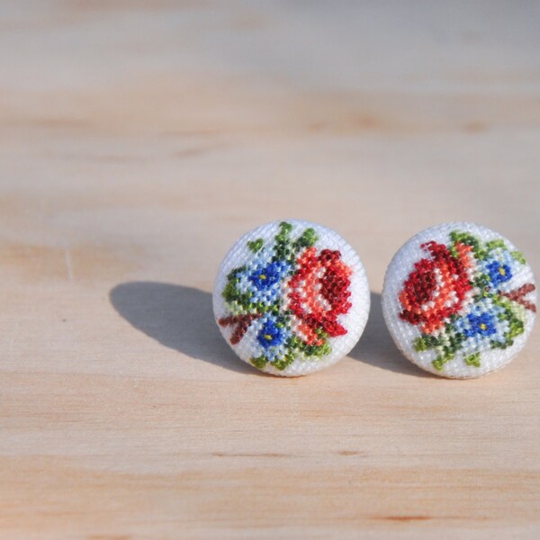 floral jewelry, button earrings, fabric earrings, folk art jewelry, wedding jewelry, folk art jewelry - bohemian, rose, spring, summer, post