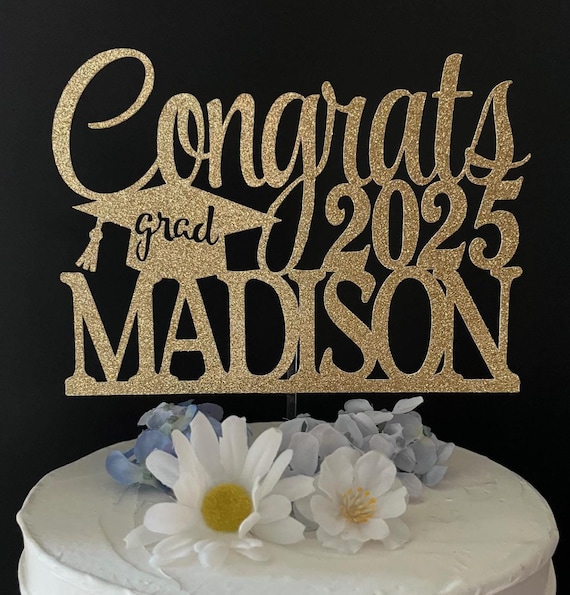 Class Of 2025 Cake Topper, Congrats Grad Cake Decoration, High School/College/University Graduation Party Decorations Supplies, Blue Gold And Silver