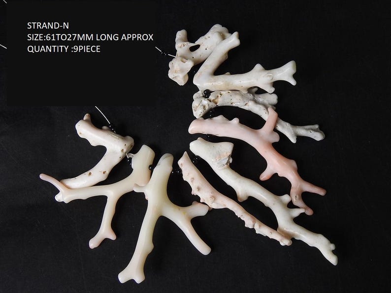 Op de afbeelding: Een verzameling van negen koraalstukken in verschillende tinten wit en roze, geplaatst op een zwarte achtergrond. De koraalstukken zijn ongeveer 2,7 tot 6,1 cm lang. De tekst "STRAND-N SIZE:61TO27MM LONG APPROX QUANTITY :9PIECE" is zichtbaar.