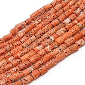 Red Coral Tube Beads: 8 Inch Strand, 5-6mm Natural Stone