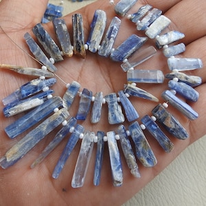 Raw Blue Kyanite Sticks Top Drilled Point Beads, 8" Strand Rough Natural Crystal Shards 10-25mm, Boho Jewelry Crafting Supplies R6