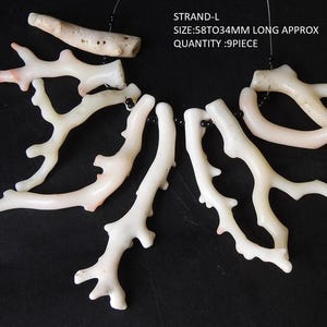 Op de afbeelding: Een verzameling van negen koraalstukken, elk met een unieke takachtige structuur. Het koraal is voornamelijk wit met subtiele roze tinten. De tekst in de afbeelding luidt: STRAND-L SIZE:58TO34MM LONG APPROX QUANTITY :9PIECE.