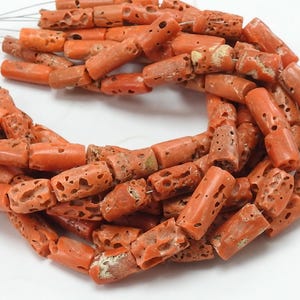 Red Coral Tube Beads: 8 Inch Strand, 7-8mm Smooth Drum Beads