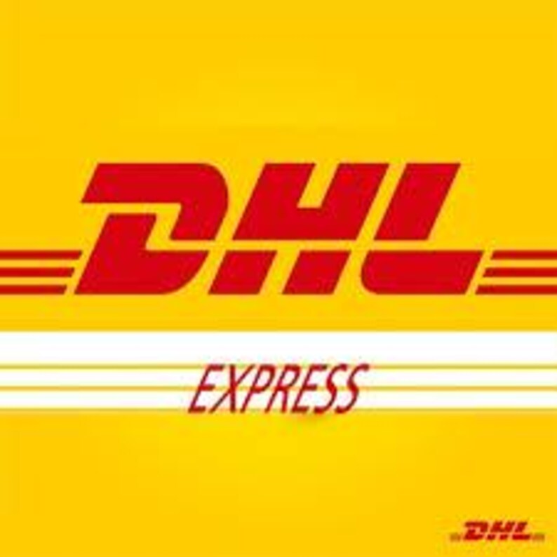 May include: A bright yellow square background featuring the red DHL logo in the center, with the word EXPRESS printed in red below it. Three horizontal red lines extend from the left and right sides of the logo. A small DHL logo is in the corner.