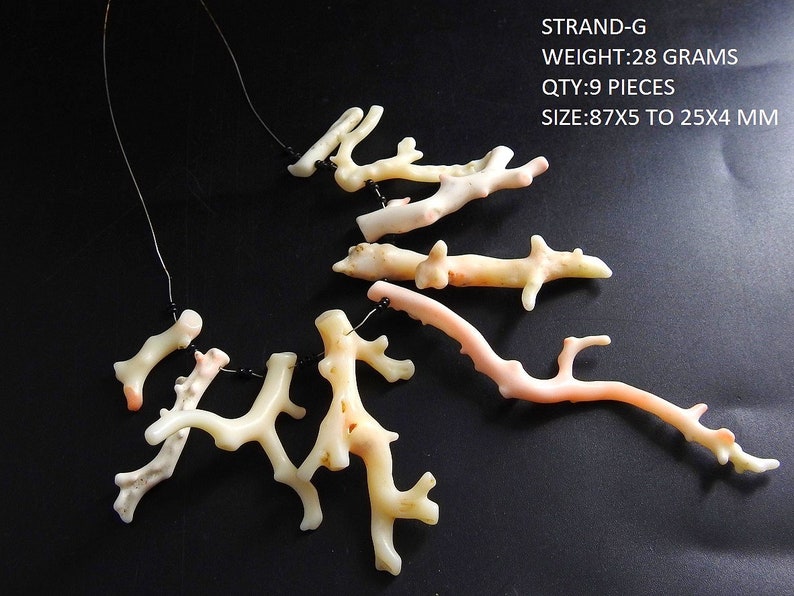 Op de afbeelding: Een verzameling van negen koraalstukken in cr&egrave;me- en perziktinten, aan elkaar geregen. Het grootste stuk meet ongeveer 8,7 cm. De tekst "STRAND-G", gewicht, hoeveelheid en afmetingen zijn zichtbaar.