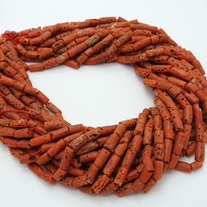 Natural Red Coral Bead Smooth Polished Tube Barrel Cylinder Shape 7X4To10X4MM Approx Wholesaler Supplies New Arrival BK-CR2
