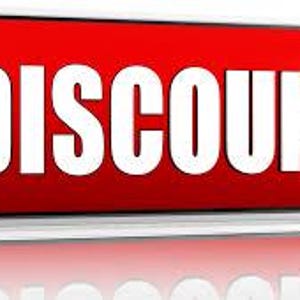 May include: A rectangular sign with rounded corners featuring a vibrant red background and a thick white border. The word DISCOUNT is printed in large, bold, white capital letters across the center of the sign, which casts a reflection below.