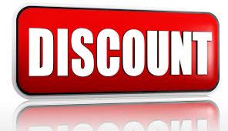 May include: A rectangular sign with rounded corners featuring a vibrant red background and a thick white border. The word DISCOUNT is printed in large, bold, white capital letters across the center of the sign, which casts a reflection below.
