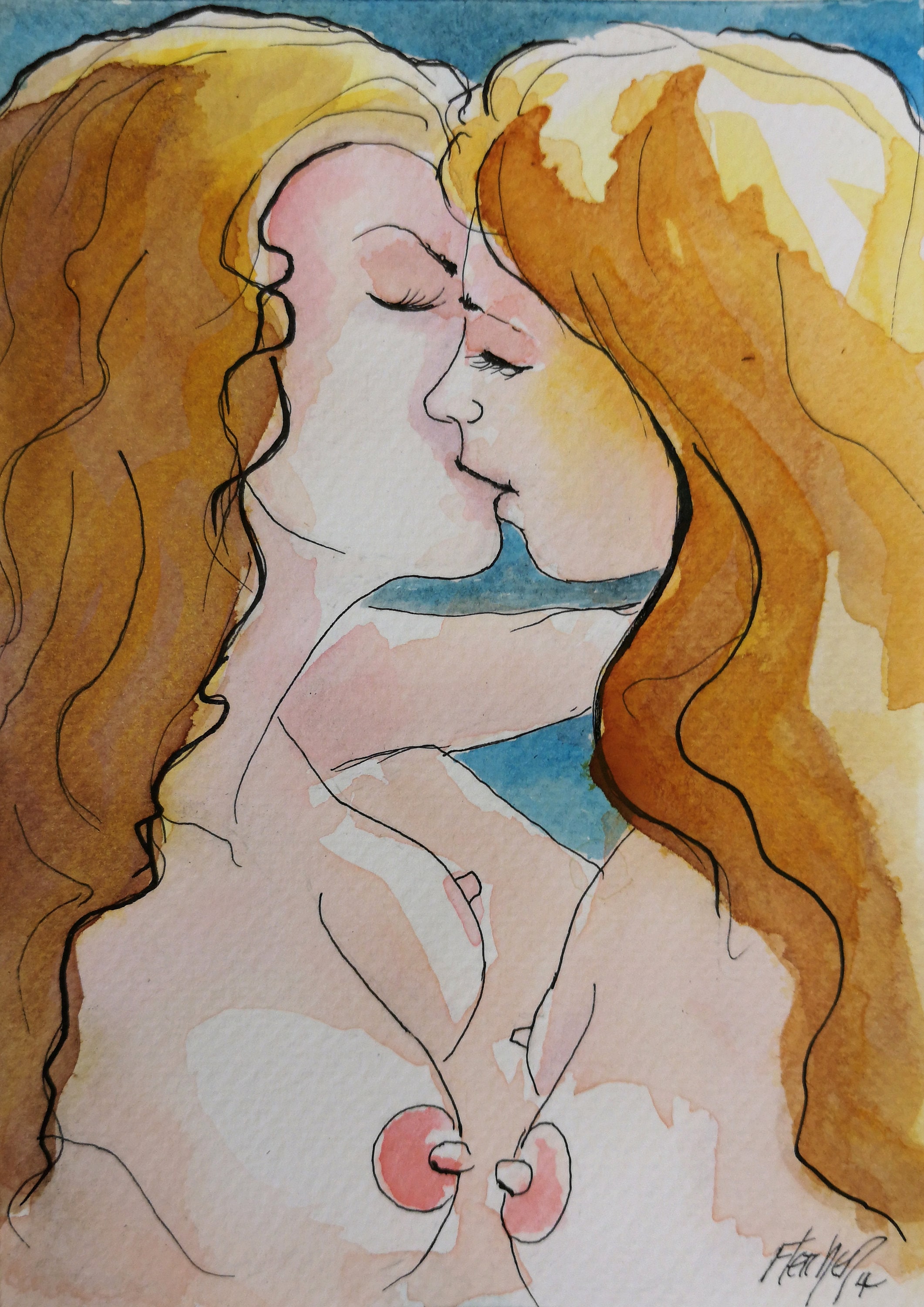 THE FIRST KISS Two Women Kissing Female Lovers Embracing - Etsy Finland