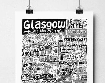 Glasgow Scotland Landmarks Typography Art Print