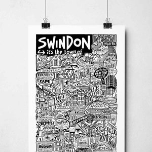 Swindon-muurkunst | Swindon monumenten typografie print poster | Ik hou van Swindon-cadeaus | Britse reisposter