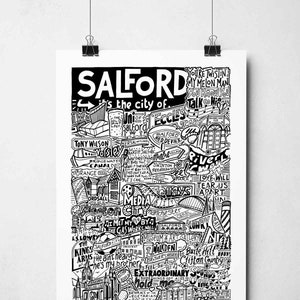 Muurkunstafdruk met bezienswaardigheden in Salford | Salford Gifts typografieposter