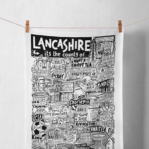 Theedoek Lancashire Landmarks | Ik ben dol op Lancashire-cadeaus | Reiscadeau | Nieuw huiscadeau | Cadeau keukengerei