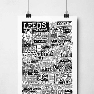 Leeds Landmarks Wall Art Print | I Love Leeds Gifts | Yorkshire Typography Illustration Poster