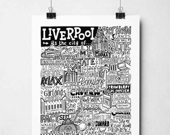 Liverpool typografie kunstafdruk: Scouse Gifts, Merseyside Travel