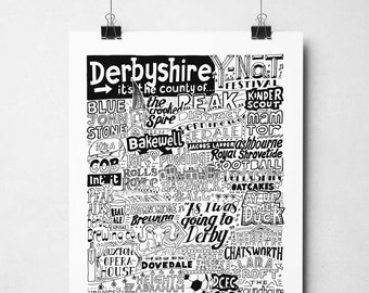 Pôster turístico de Derbyshire: Impressão artística da cidade desenhada à mão