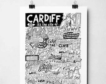 Arte mural con monumentos de Cardiff / Regalos de Caerdydd / Póster con tipografía galesa