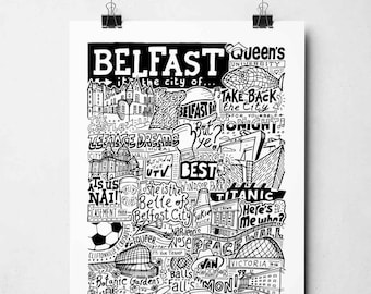 Belfast Landmarks Typography Art Print: Northern Ireland Travel Poster