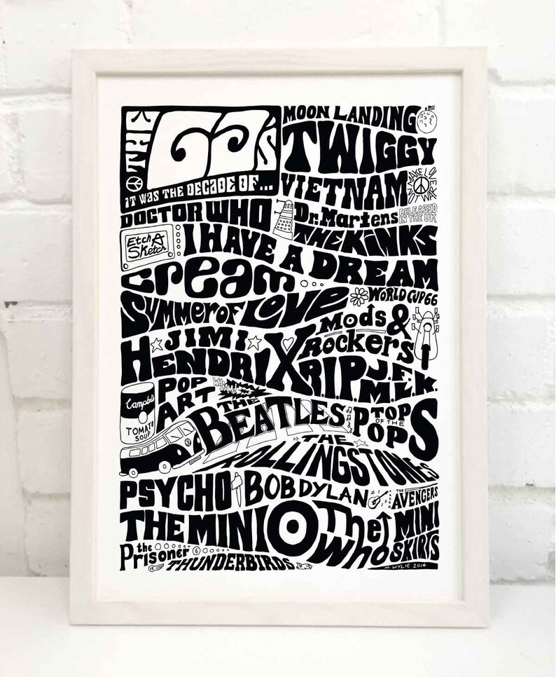 May include: Black and white illustration of a 1960s themed word cloud. The words include "Moon Landing", "Twiggy", "Vietnam", "Doctor Who", "I Have A Dream", "Summer of Love", "Jimi Hendrix", "The Beatles", "The Rolling Stones", "Bob Dylan", "The Mini", "The Who", and "The Prisoner".
