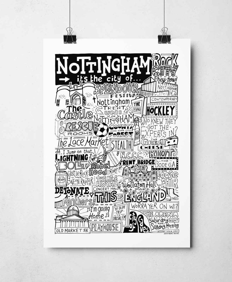 Nottingham Landmarks Typography Print Poster Nottingham Gifts Etsy