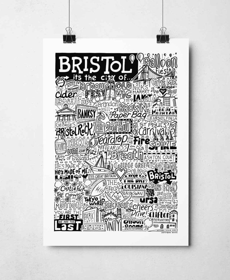 Bristol Landmarks Typography Print Poster Bristol Gifts Etsy