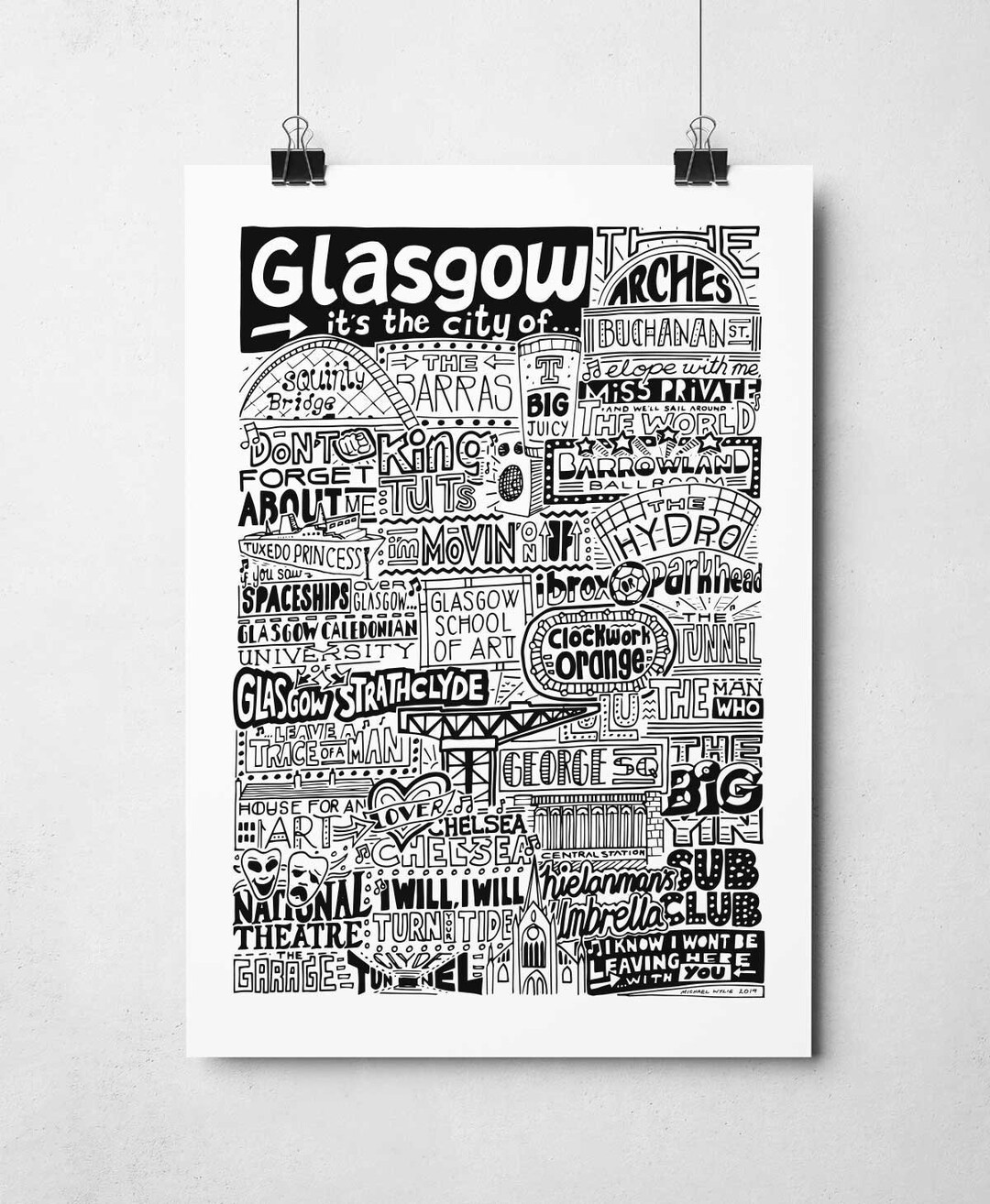 Glasgow Wall Art Print Scottish Scotland Landmarks Travel Typography Poster Glaswegian Gifts