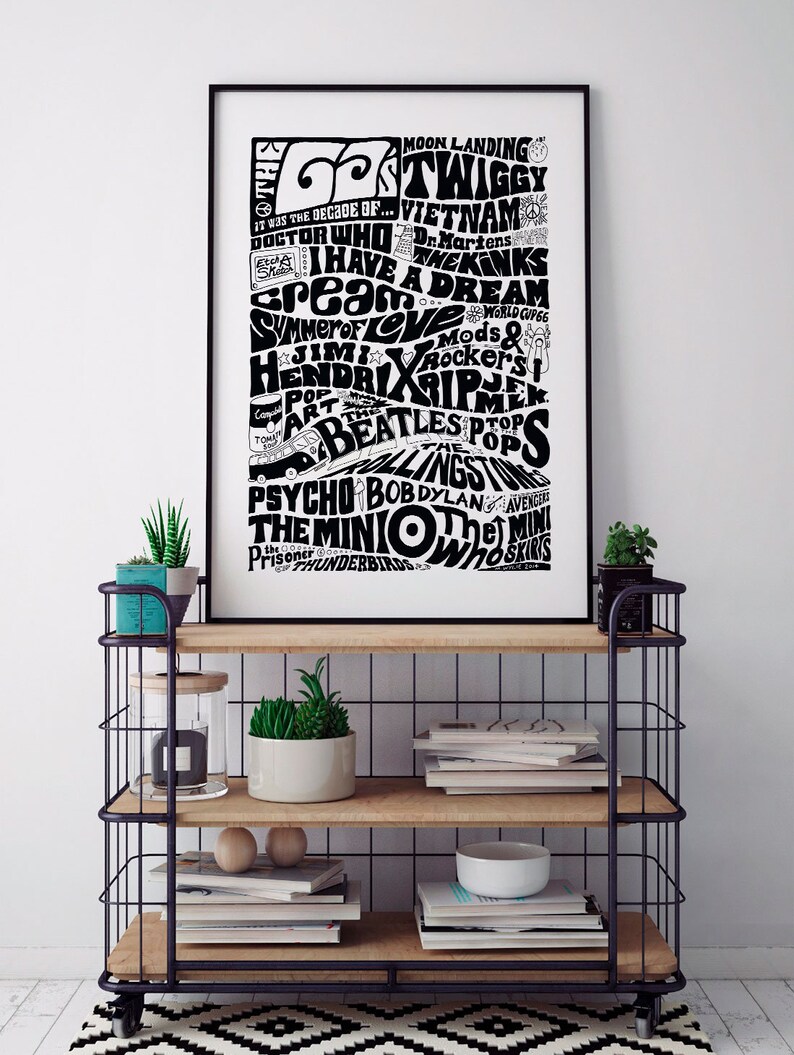 May include: Black and white typography poster with the text "The 60s" and a list of events, people, and cultural icons from the 1960s, including "Moon Landing", "Twiggy", "Vietnam", "Dr. Martens", "I Have A Dream", "Cream", "Summer of Love", "Jimi Hendrix", "The Beatles", "Bob Dylan", "The Mini", and "The Avengers".