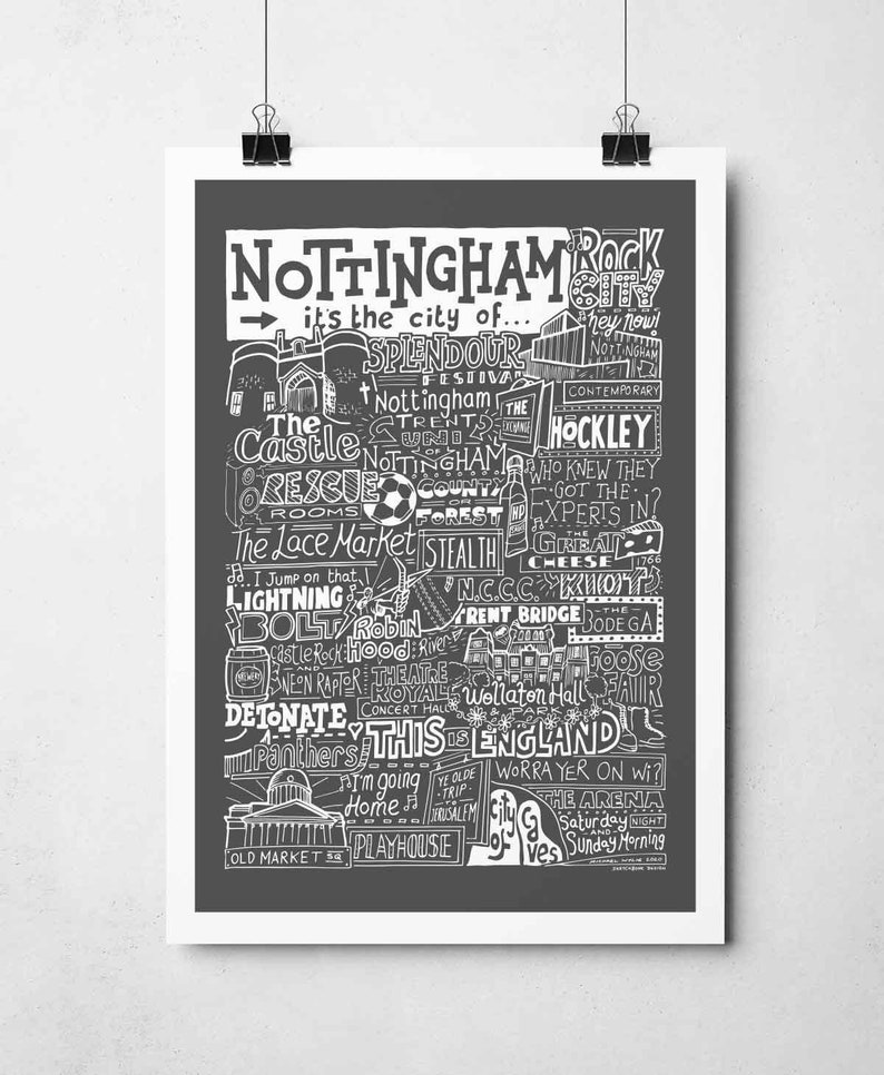 Nottingham Landmarks Typography Print Poster Nottingham Gifts Etsy