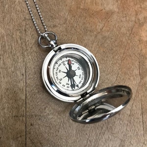 Small Vintage Style Compass w/ Lid Necklace Nautical Silver, Glass, Charm and Chain