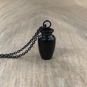 Miniature Mini Screw Top Urn Jar Vial Necklace - Pendant and Chain - DIY Black Threaded Lid & Base - Cremation Ashes Sand Perfume -Jewelry