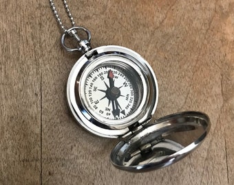 Small Vintage Style Compass w/ Lid Necklace Nautical Silver, Glass, Charm and Chain