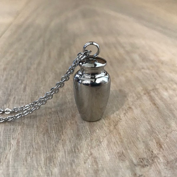 Miniature Mini Screw Top Urn Jar Vial Necklace - Pendant and Chain - DIY Silver Stainless Steel Threaded Lid & Base - Ashes Sand - Jewelry