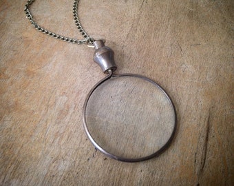 Dark Antique Bronze Monocle Magnifying Glass Necklace - Brass/Bronze - Pendant Charm & Chain - 10x+