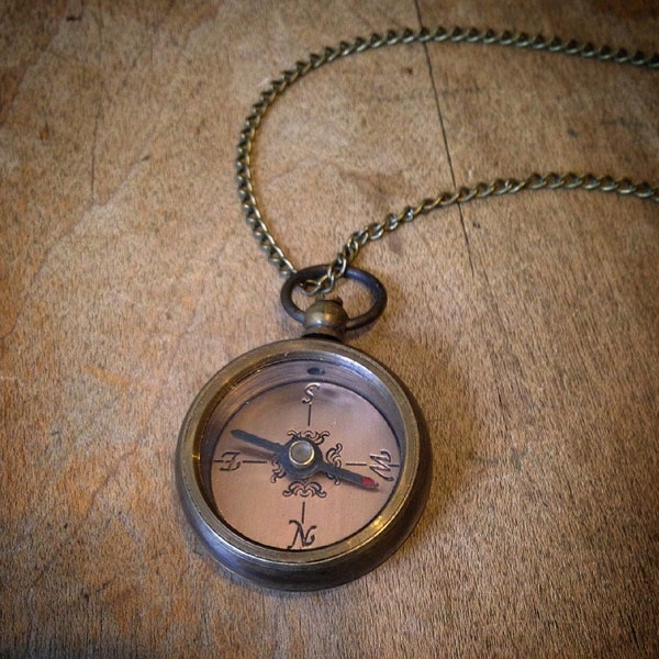 Miniature Compass Necklace - Antique Bronze - High Quality Mini Vintage Style - Charm and Chain - Works!