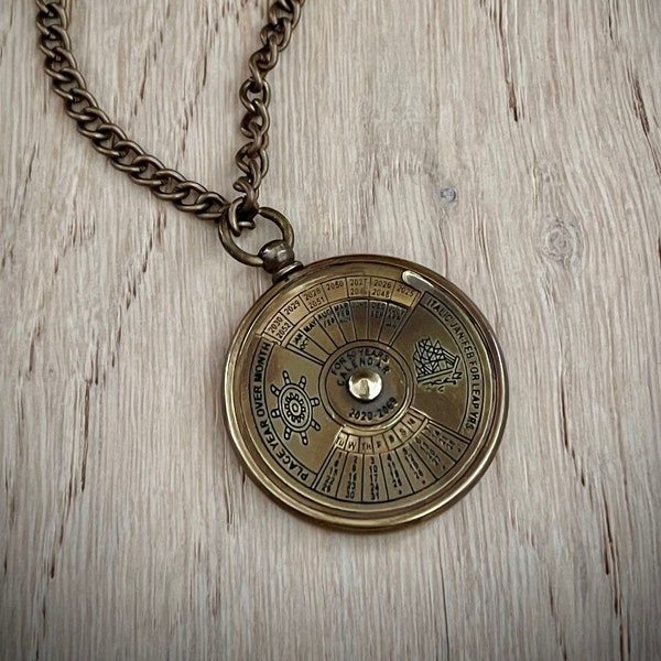 Small 50 Year Perpetual Calendar Necklace Antique Brass Nautical Vintage Style