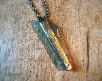 Miniature Botanical Folding Pocket Knife Necklace - Mini 1.4" Steel Blade Gold Handle Vintage Style Charm & Chain