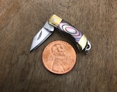 Abalone Shell Mini Miniature Folding Pocket Knife Pendant - Charm Chain - 5 8 quot Stainless Steel Blade Vintage Style