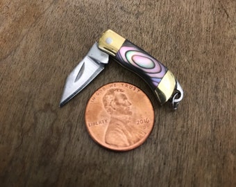 Abalone Shell Mini Miniature Folding Pocket Knife Pendant - Charm - 5/8&quot; Stainless Steel Blade Vintage Style