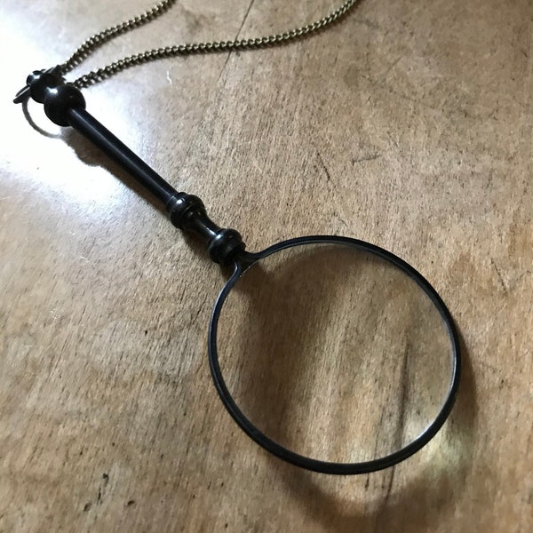 Antique Bronze Monocle Magnifying Glass Necklace - Brass/Bronze - Pendant w/ Handle Charm & Chain - 10x+