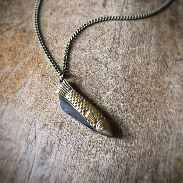 Miniature Fish Folding Pocket Knife Necklace - Mini 1" Steel Blade Gold Handle Vintage Style Charm & Chain