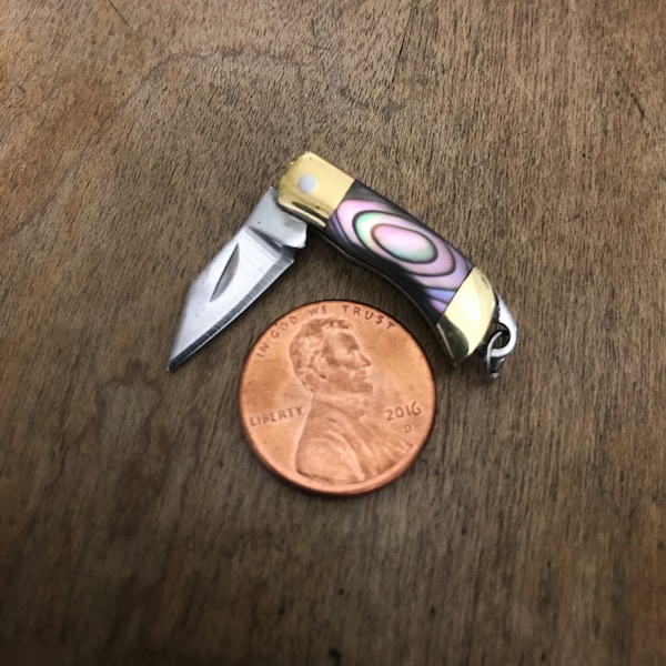 Abalone Shell Mini Miniature Folding Pocket Knife Pendant - Charm - 5/8" Stainless Steel Blade Vintage Style