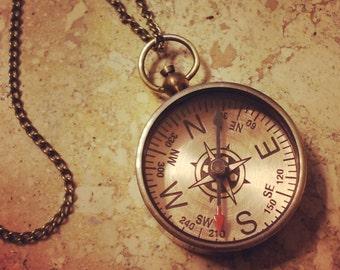 Compass Necklace, Copper Face, Vintage Style Pendant Charm and Chain - High Quality - Works!